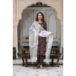 Bagru Handblock Printed Cotton Suit with Kota Doriya Dupatta | Designer Office Wear