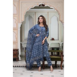 Bagru Handblock Printed Cotton Suit with Kota Doriya Dupatta | Designer Office Wear