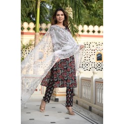 Bagru Handblock Printed Cotton Suit with Kota Doriya Dupatta | Designer Office Wear