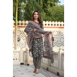 Bagru Handblock Printed Cotton Suit with Kota Doriya Dupatta | Designer Office Wear