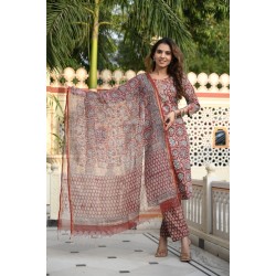 Bagru Handblock Printed Cotton Suit with Kota Doriya Dupatta | Designer Office Wear