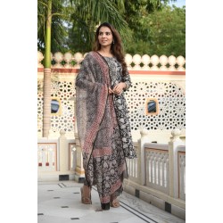 Bagru Handblock Printed Cotton Suit with Kota Doriya Dupatta | Designer Office Wear